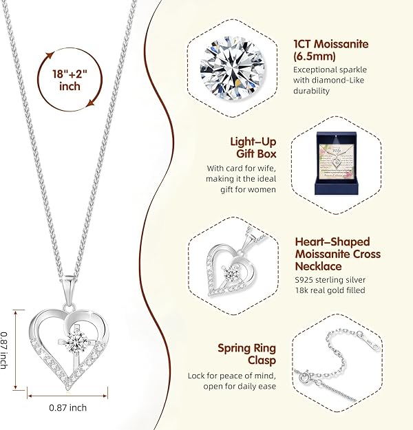 Moissanite Cross Necklace for Women in Light-Up Gift Box Heart Cross Jewelry 1CT Pendant for Women Gift Ideas3