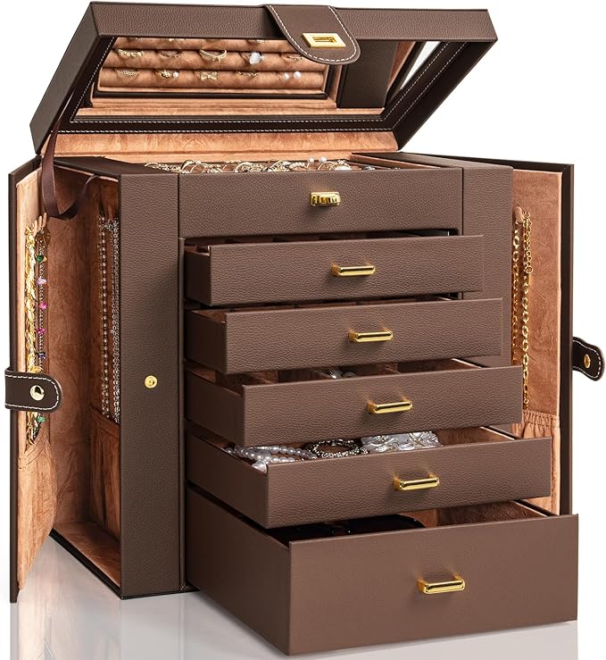 Extra Large 6-Tier Jewelry Box Organizer with Mirror, 5 Drawers Leather Jewelry Storage Case for Women Girls Ring Necklace Earring Bracelet Brown