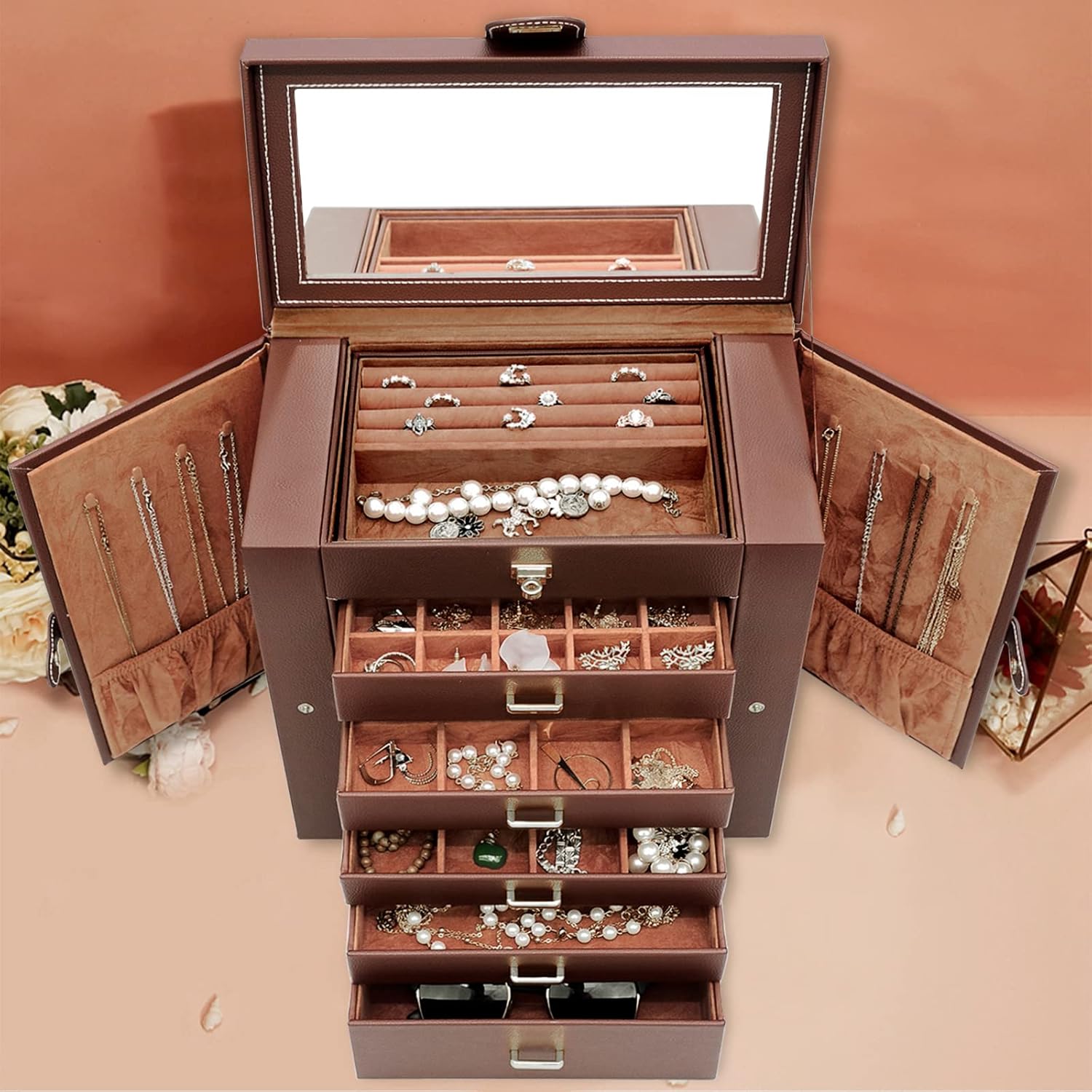 Extra Large 6-Tier Jewelry Box Organizer with Mirror, 5 Drawers Leather Jewelry Storage Case for Women Girls Ring Necklace Earring Bracelet Brown1