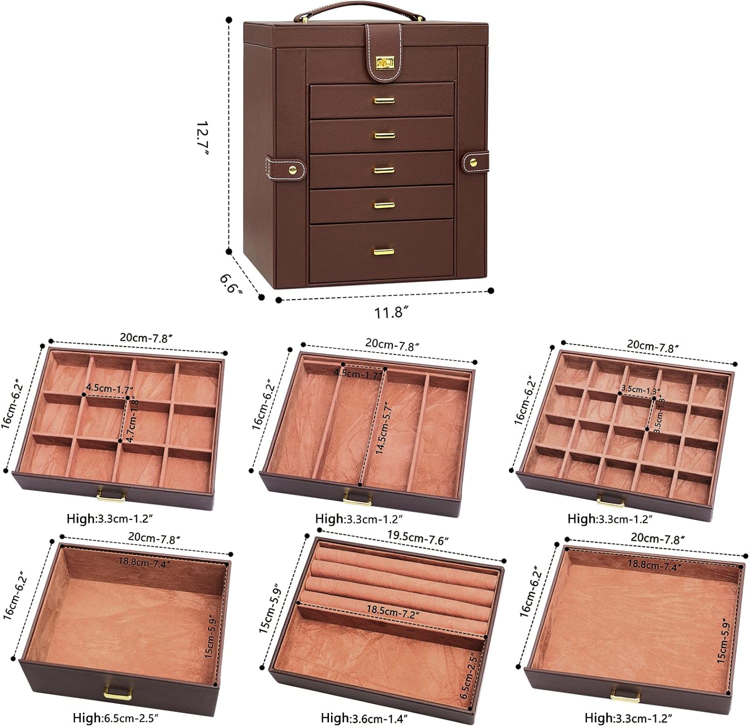 Extra Large 6-Tier Jewelry Box Organizer with Mirror, 5 Drawers Leather Jewelry Storage Case for Women Girls Ring Necklace Earring Bracelet Brown2