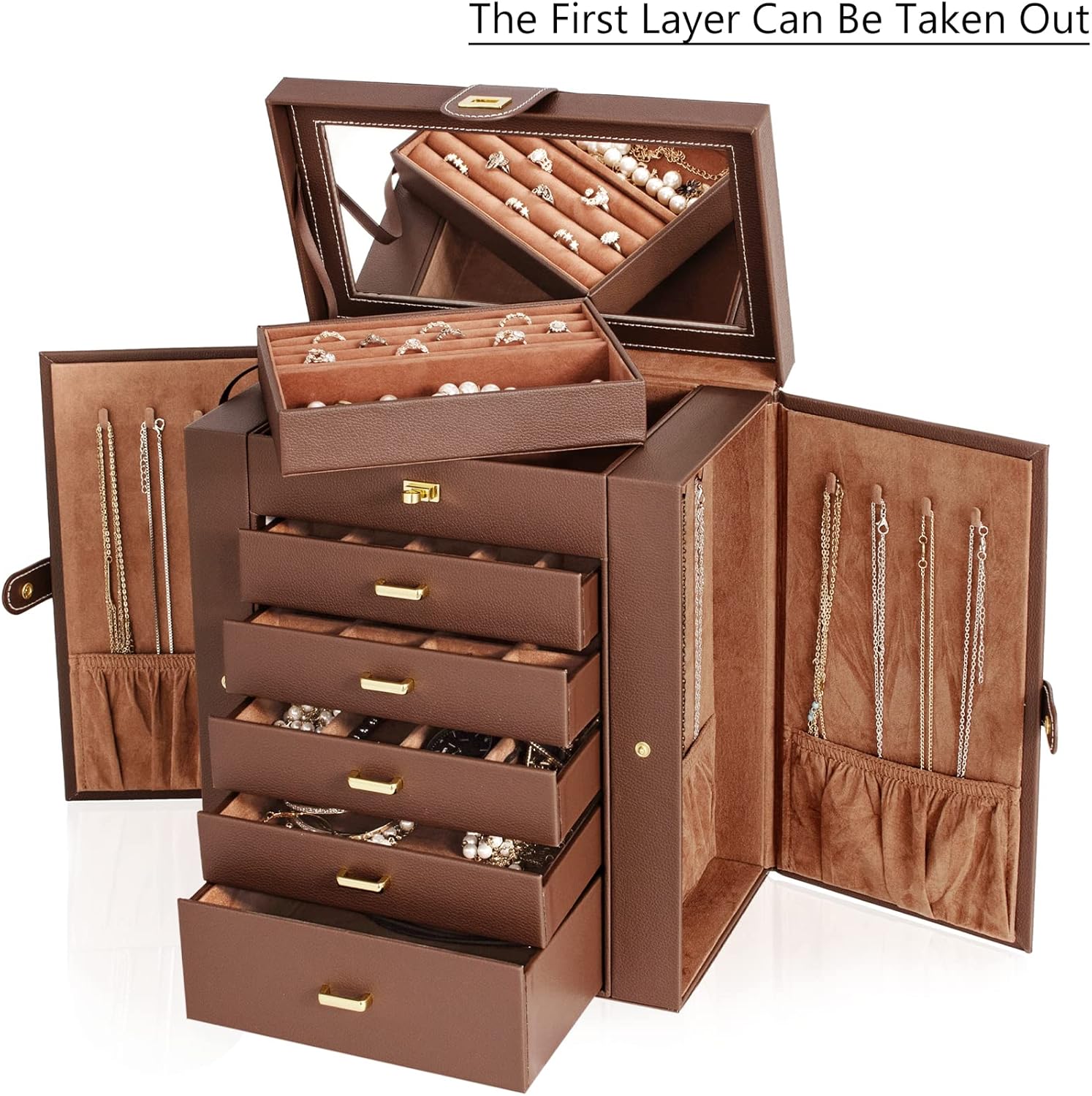 Extra Large 6-Tier Jewelry Box Organizer with Mirror, 5 Drawers Leather Jewelry Storage Case for Women Girls Ring Necklace Earring Bracelet Brown3