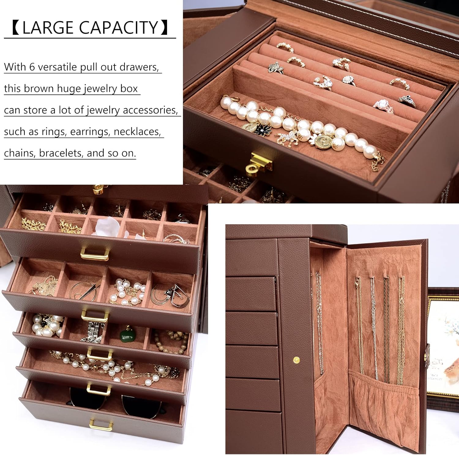 Extra Large 6-Tier Jewelry Box Organizer with Mirror, 5 Drawers Leather Jewelry Storage Case for Women Girls Ring Necklace Earring Bracelet Brown4