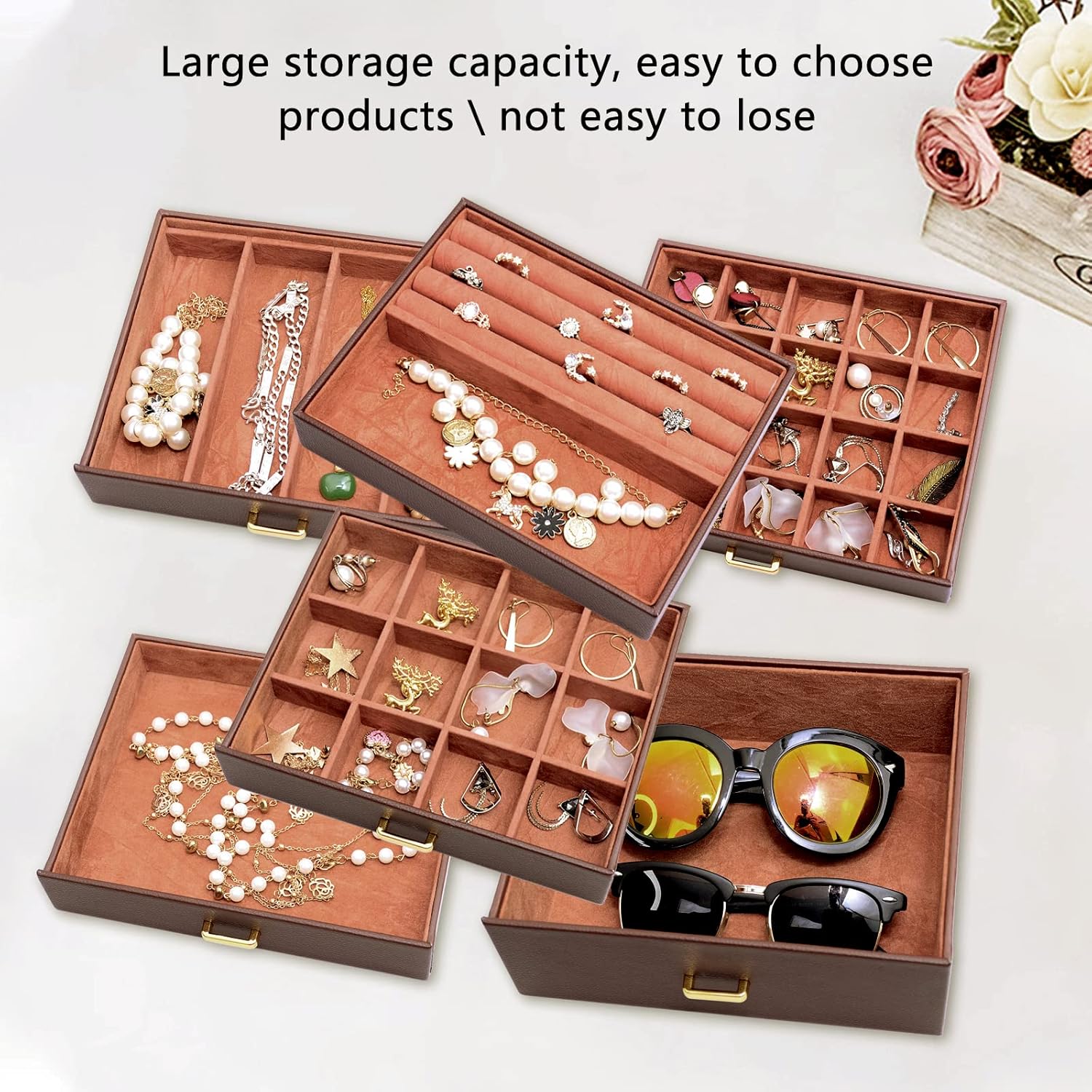 Extra Large 6-Tier Jewelry Box Organizer with Mirror, 5 Drawers Leather Jewelry Storage Case for Women Girls Ring Necklace Earring Bracelet Brown5