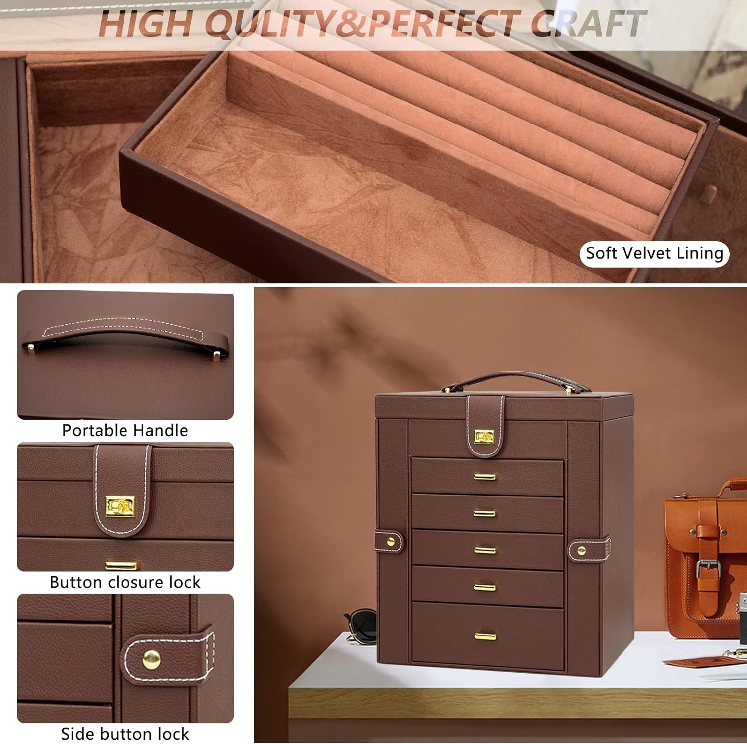 Extra Large 6-Tier Jewelry Box Organizer with Mirror, 5 Drawers Leather Jewelry Storage Case for Women Girls Ring Necklace Earring Bracelet Brown6