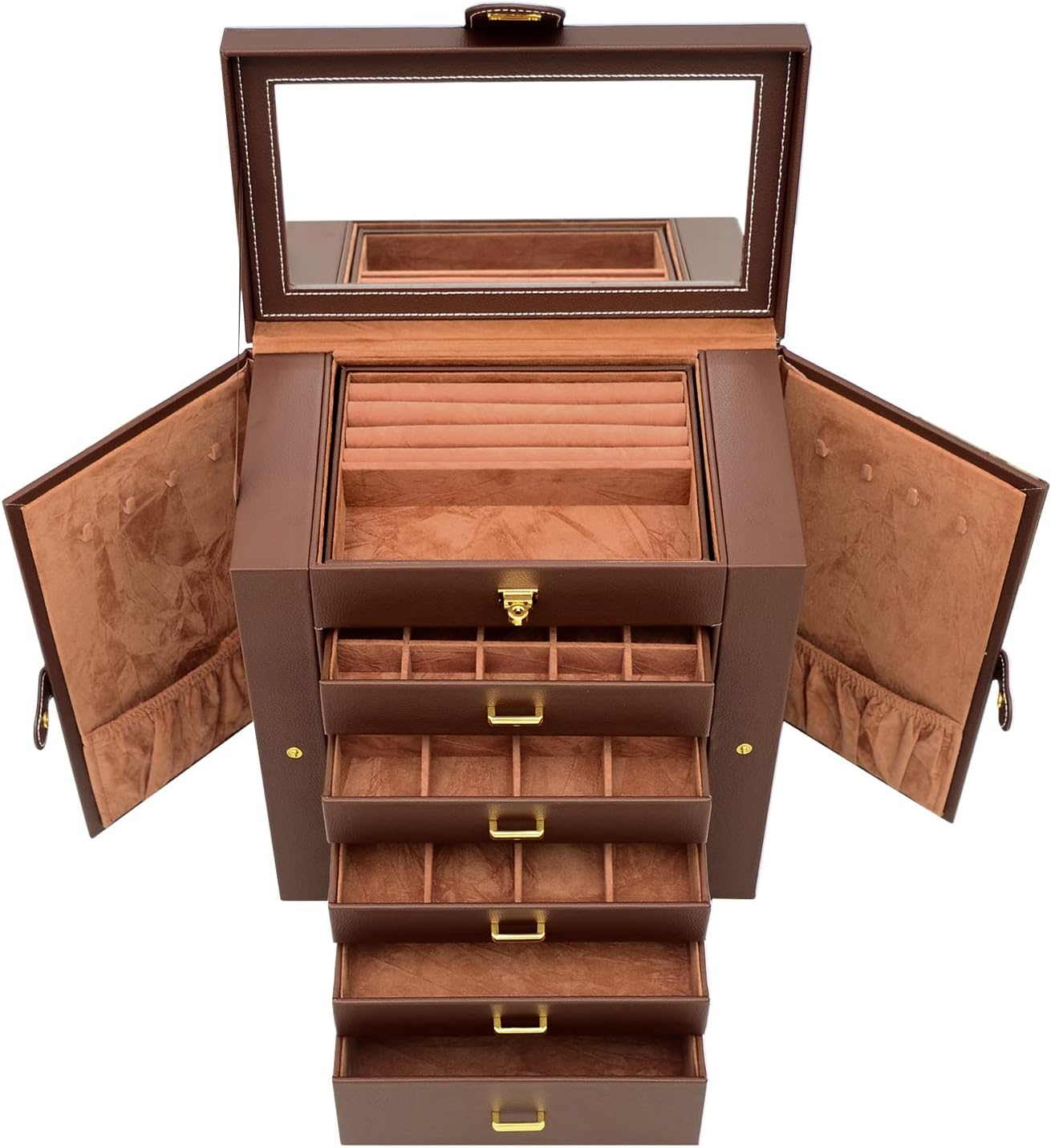 Extra Large 6-Tier Jewelry Box Organizer with Mirror, 5 Drawers Leather Jewelry Storage Case for Women Girls Ring Necklace Earring Bracelet Brown7