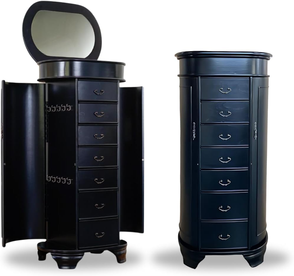 Hives and Honey Daley Oval Jewelry Armoire, Stylish Standing Organizer with Mirror, 7 Drawers, 20 Necklace Hooks, Anti-Tarnish Lining, Divided Storage, Black