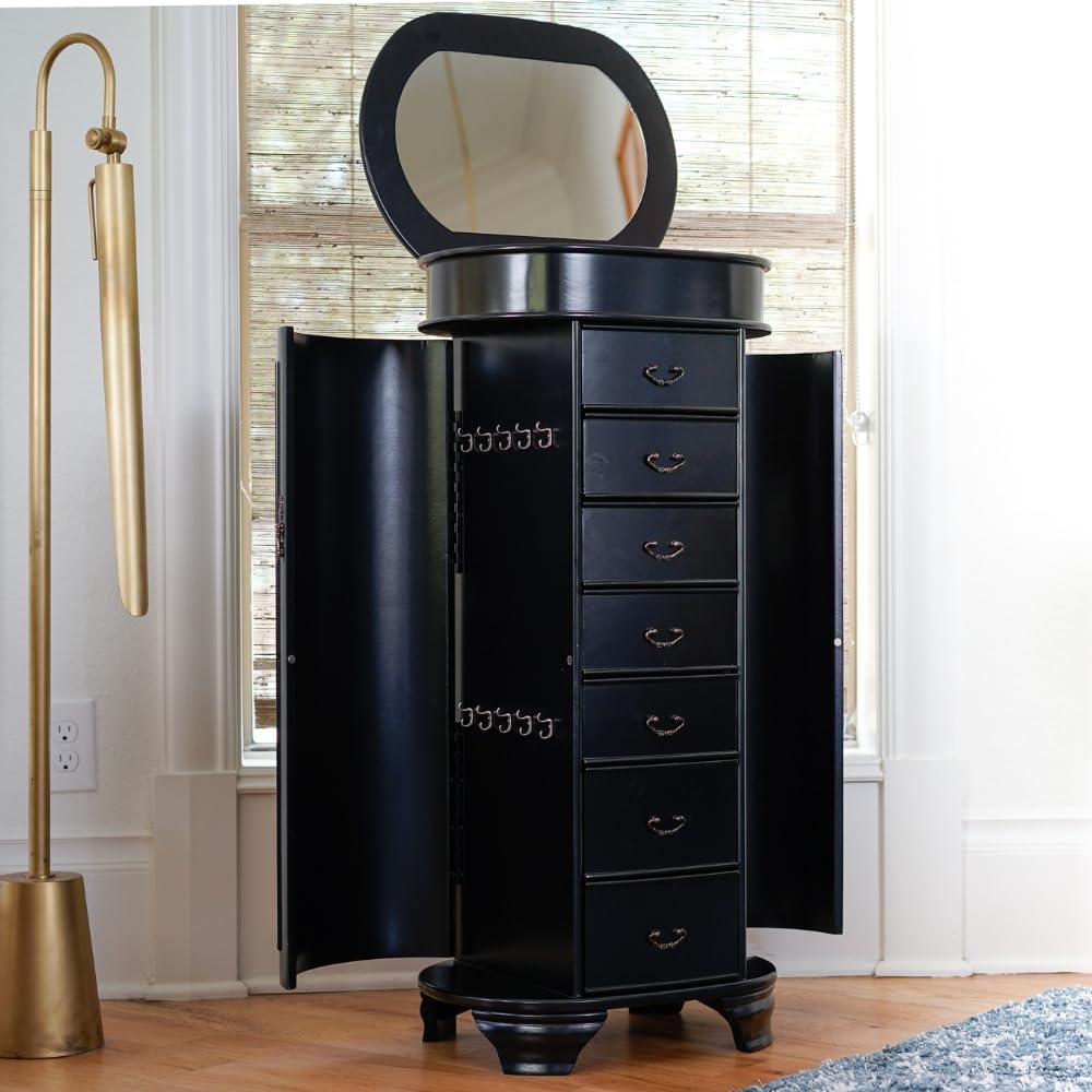 Hives and Honey Daley Oval Jewelry Armoire, Stylish Standing Organizer with Mirror, 7 Drawers, 20 Necklace Hooks, Anti-Tarnish Lining, Divided Storage, Black1