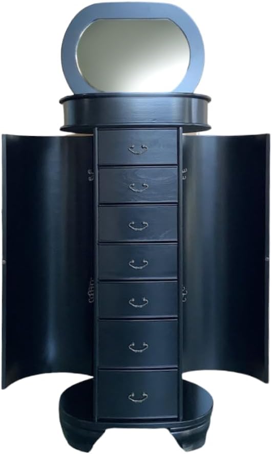 Hives and Honey Daley Oval Jewelry Armoire, Stylish Standing Organizer with Mirror, 7 Drawers, 20 Necklace Hooks, Anti-Tarnish Lining, Divided Storage, Black3