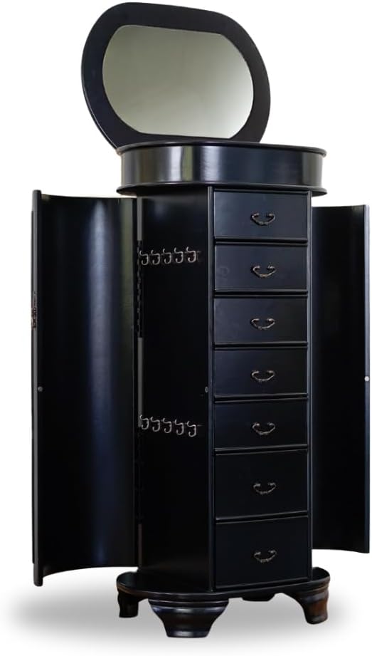 Hives and Honey Daley Oval Jewelry Armoire, Stylish Standing Organizer with Mirror, 7 Drawers, 20 Necklace Hooks, Anti-Tarnish Lining, Divided Storage, Black4
