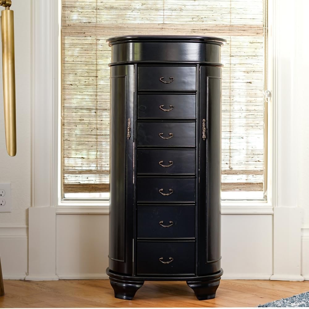 Hives and Honey Daley Oval Jewelry Armoire, Stylish Standing Organizer with Mirror, 7 Drawers, 20 Necklace Hooks, Anti-Tarnish Lining, Divided Storage, Black6