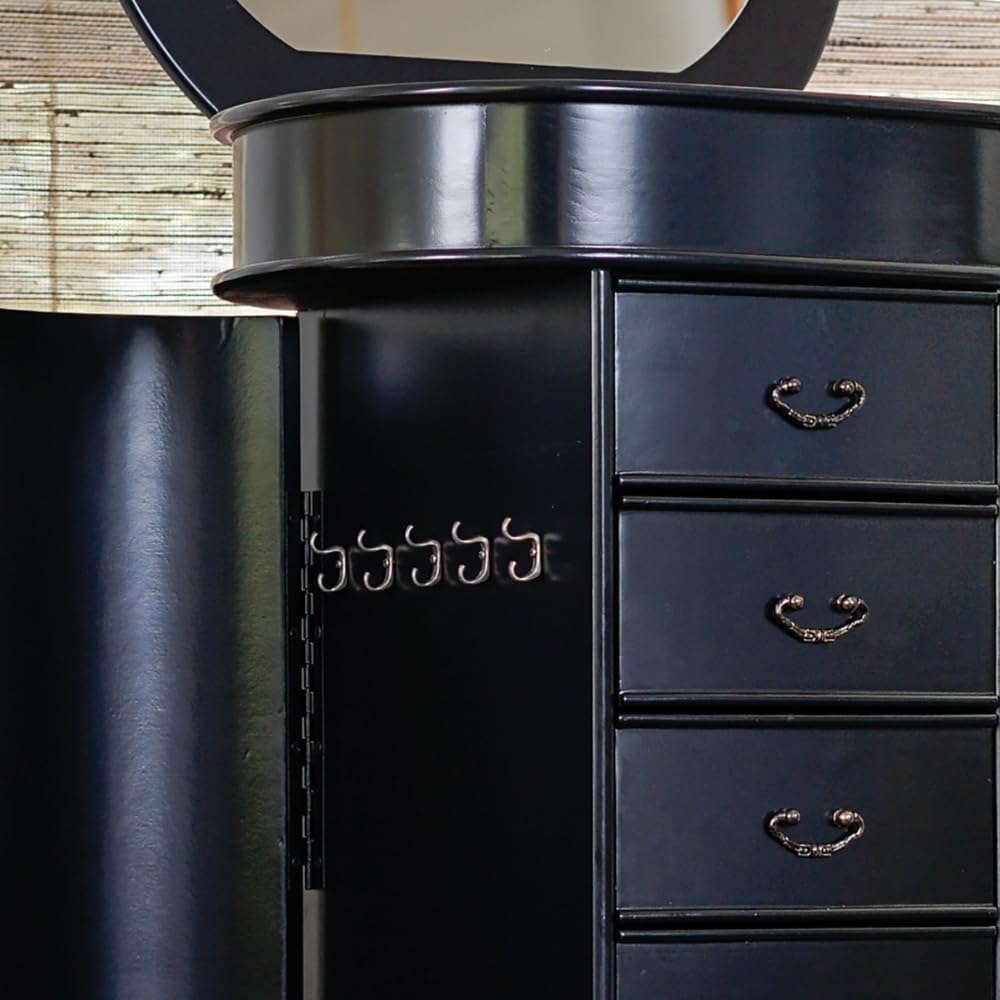 Hives and Honey Daley Oval Jewelry Armoire, Stylish Standing Organizer with Mirror, 7 Drawers, 20 Necklace Hooks, Anti-Tarnish Lining, Divided Storage, Black7