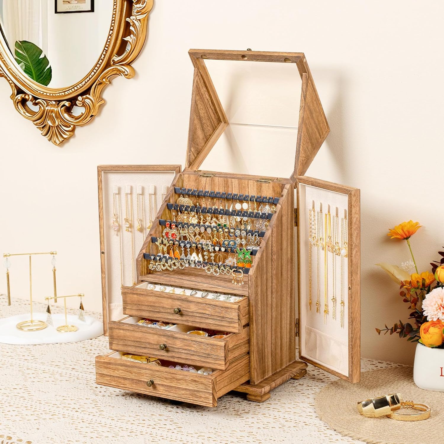 Jewelry Box Organizer, Rustic Wooden Jewelry Boxes for Women Girls, Large Storage Earring Holder Organizer Display for Earrings Necklaces Rings Bracelets (Rustic Brown)1