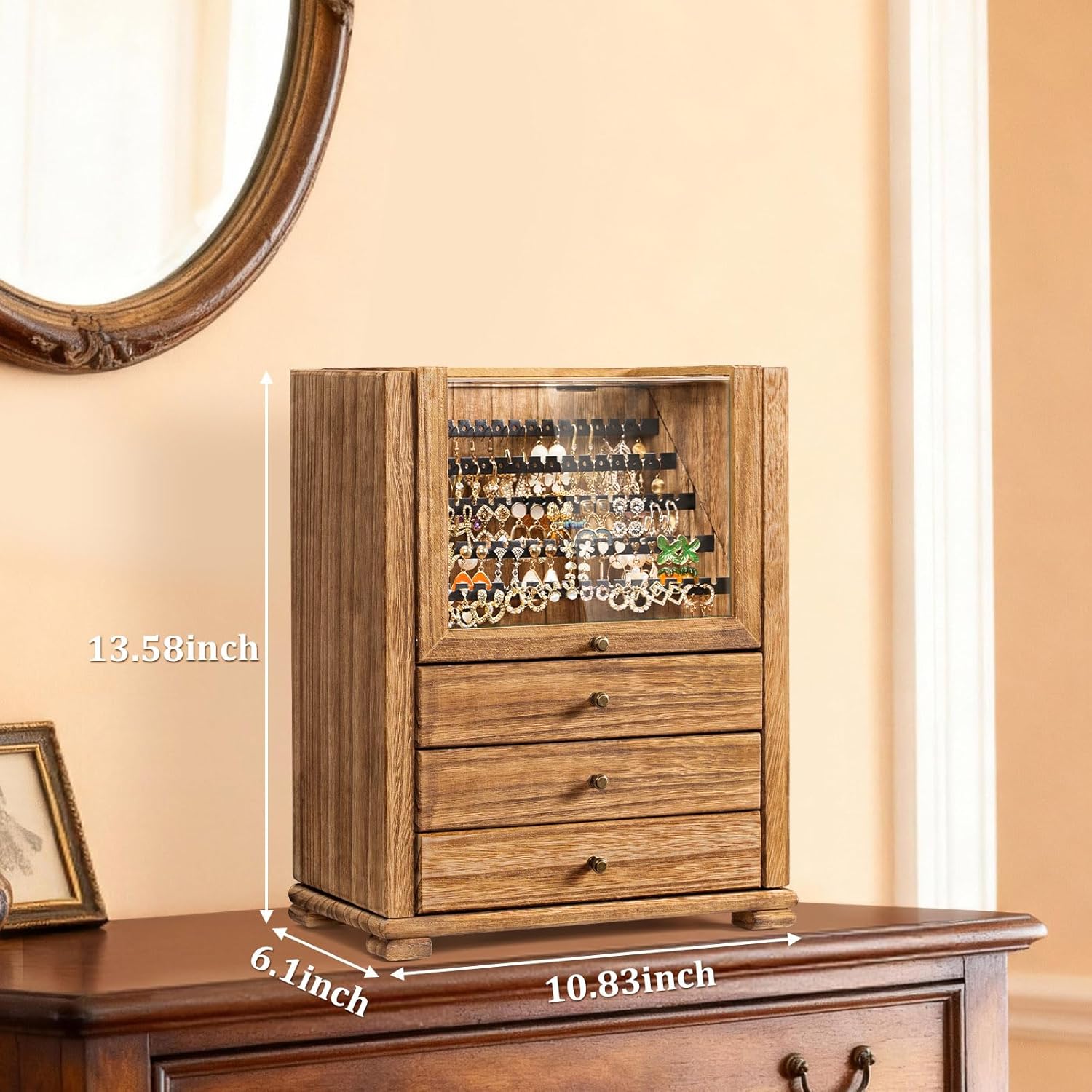 Jewelry Box Organizer, Rustic Wooden Jewelry Boxes for Women Girls, Large Storage Earring Holder Organizer Display for Earrings Necklaces Rings Bracelets (Rustic Brown)2