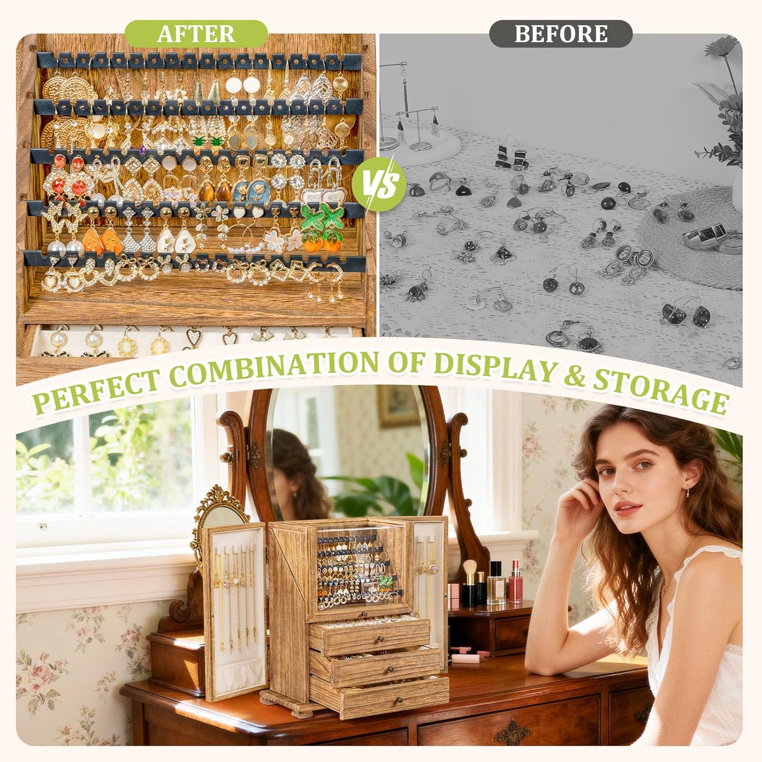 Jewelry Box Organizer, Rustic Wooden Jewelry Boxes for Women Girls, Large Storage Earring Holder Organizer Display for Earrings Necklaces Rings Bracelets (Rustic Brown)3
