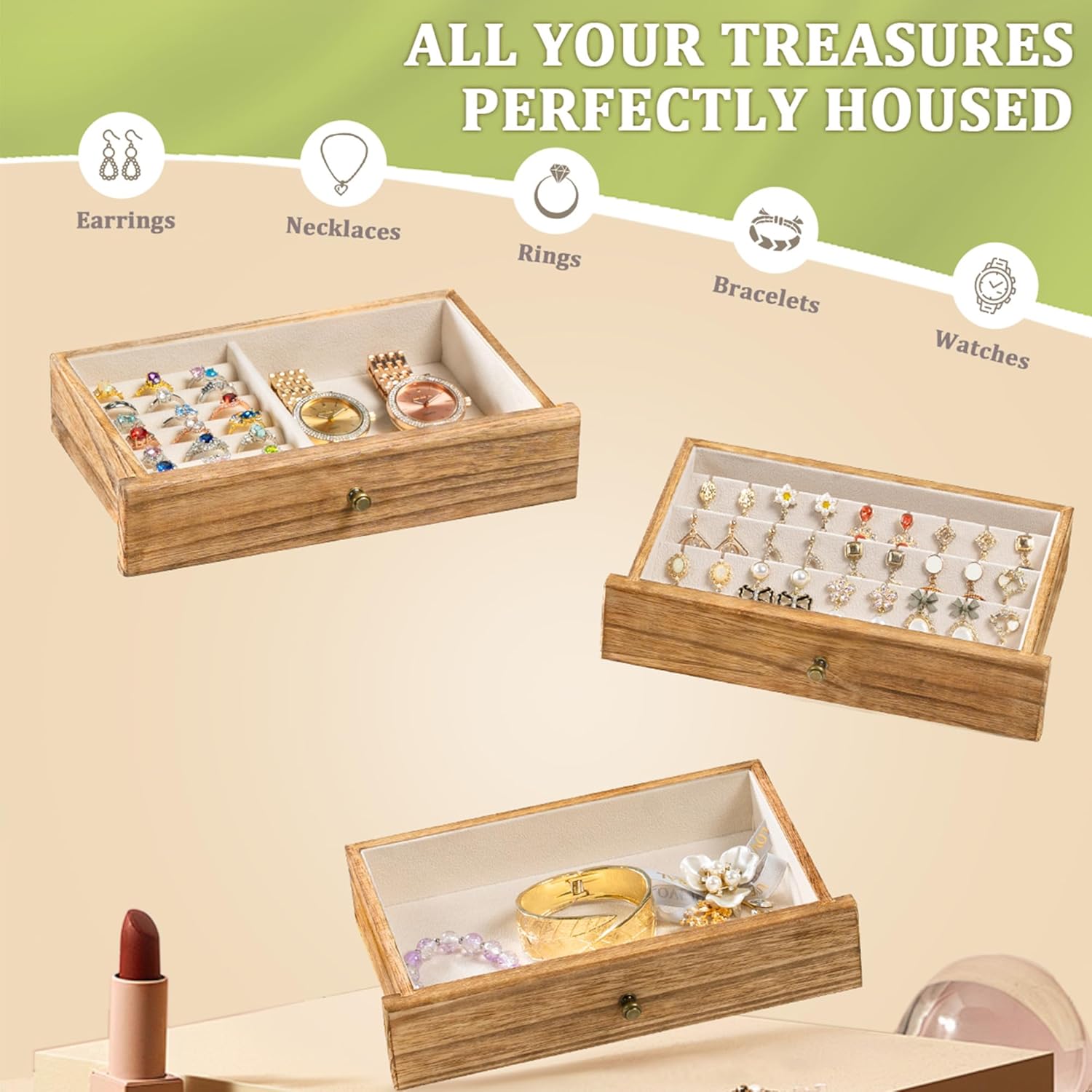 Jewelry Box Organizer, Rustic Wooden Jewelry Boxes for Women Girls, Large Storage Earring Holder Organizer Display for Earrings Necklaces Rings Bracelets (Rustic Brown)5
